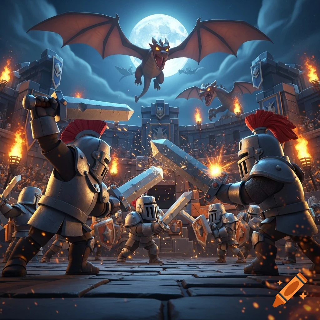 Cartoonish knights clash swords in a castle arena under a full moon with dragons flying above.