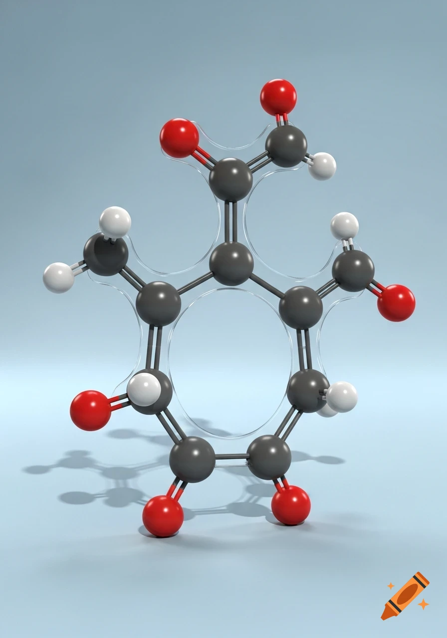 A 3D stick and ball model of a molecule with gray, red, and white atoms on a light blue background.