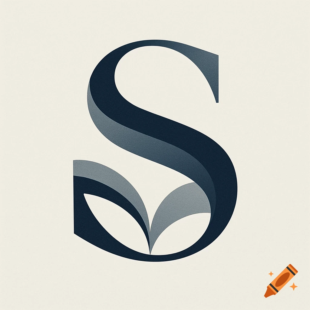 Stylized dark blue and grey capital letter S with ribbon-like elements on a textured light cream background.