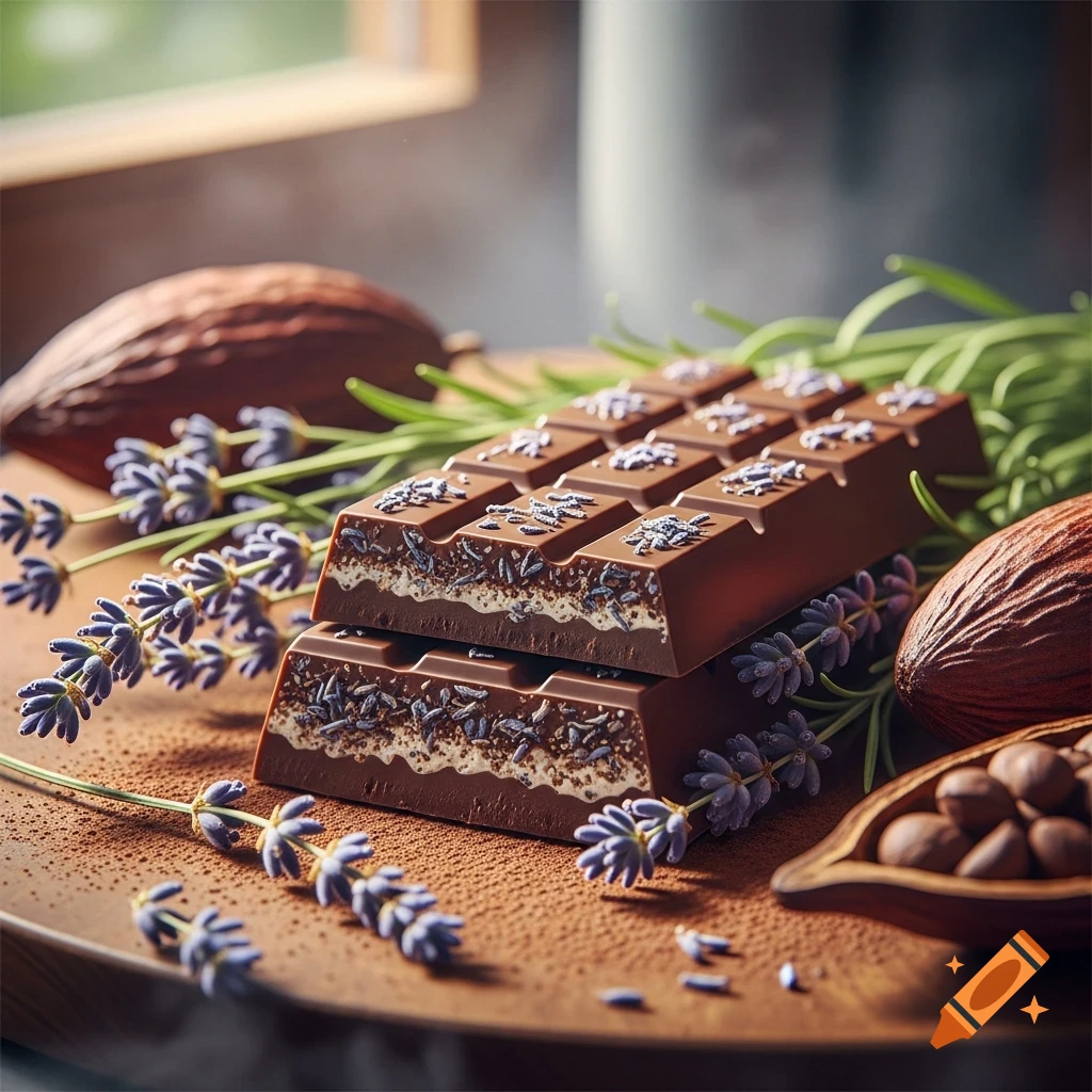 Two lavender chocolate bars stacked on a wooden surface with fresh lavender sprigs, cocoa pods, and cocoa powder.