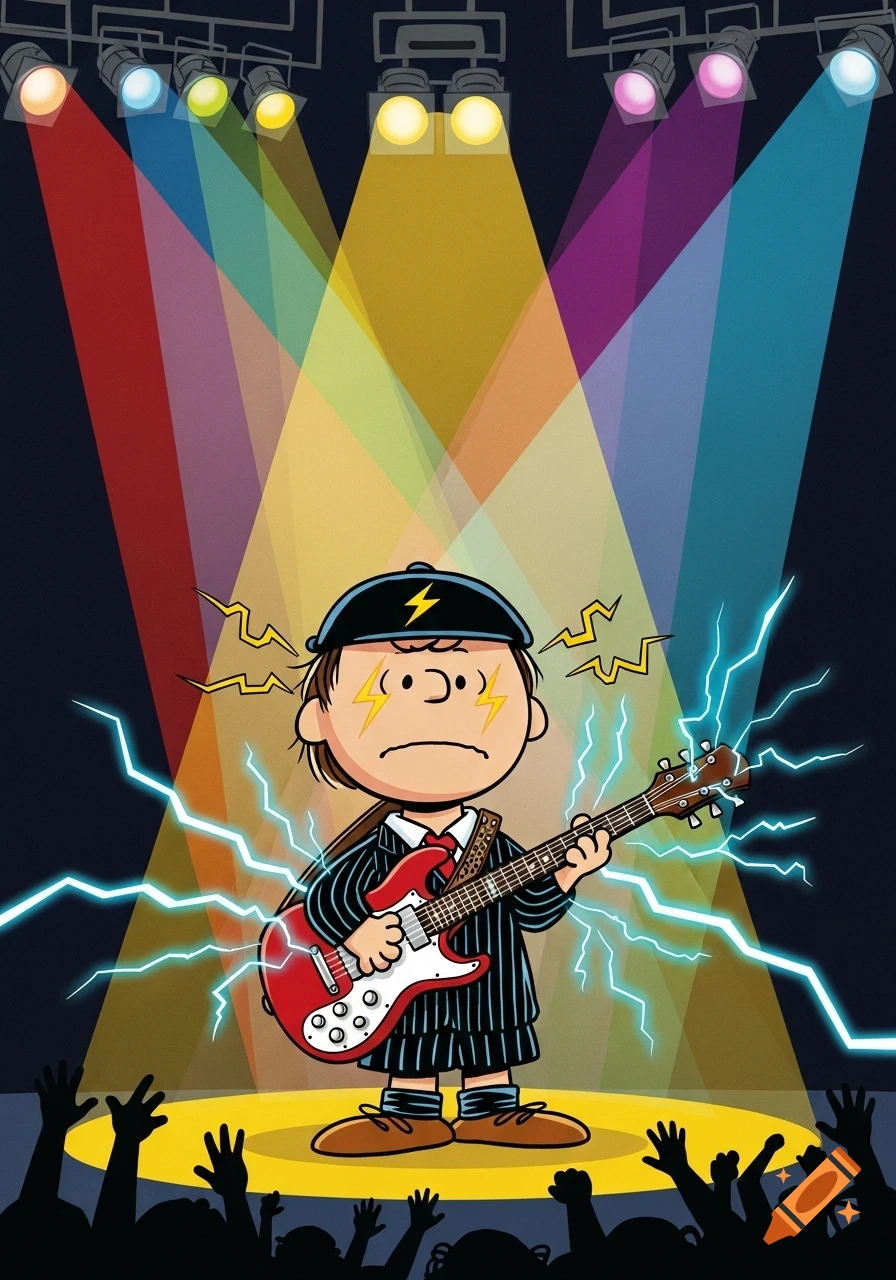 Cartoon of Charlie Brown dressed as Angus Young playing a red electric guitar on a stage with colorful spotlights and lightning.
