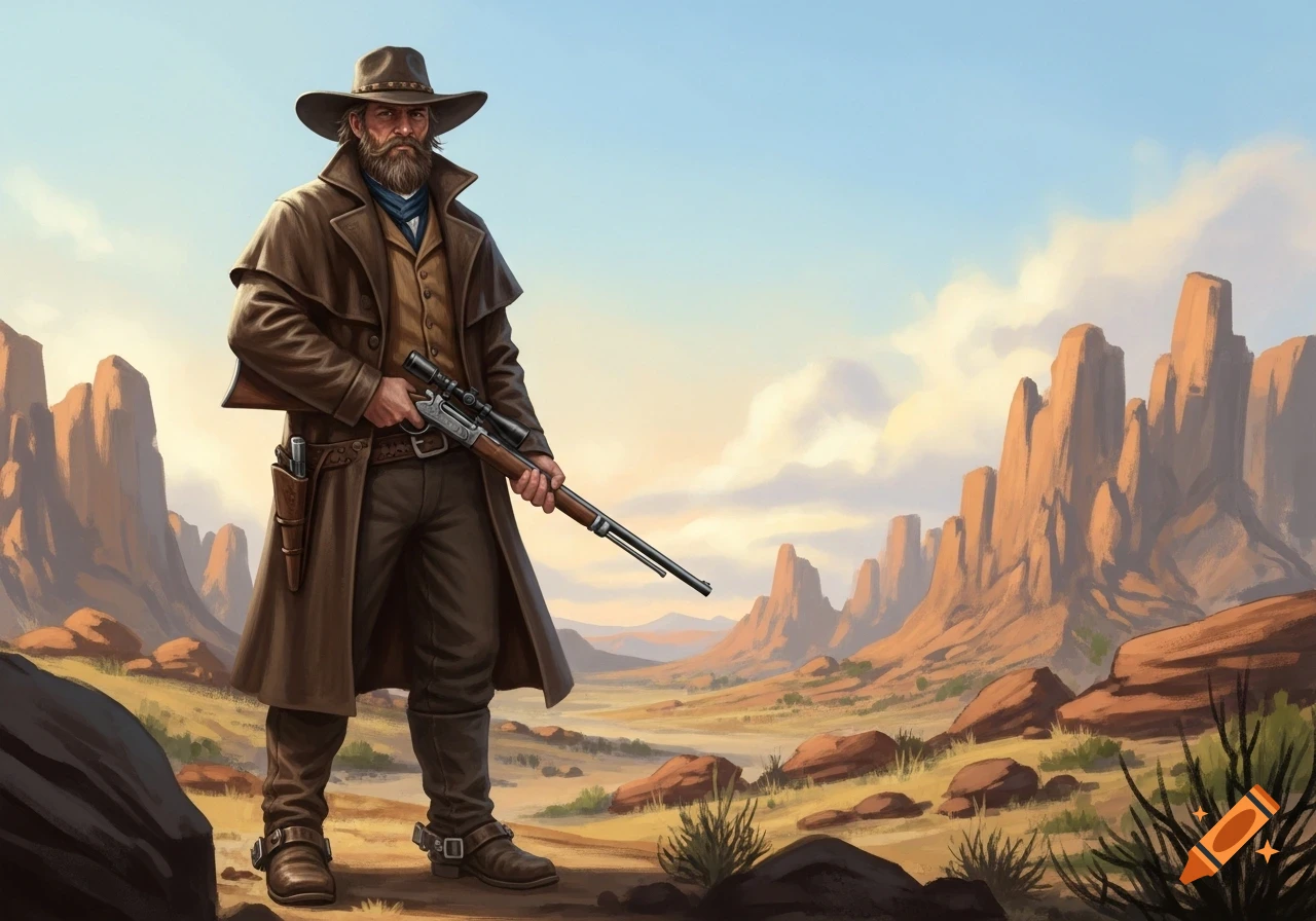 A bearded man in a brown cowboy hat and duster coat holds a scoped rifle, standing in a Wild West desert landscape with buttes under a blue sky.