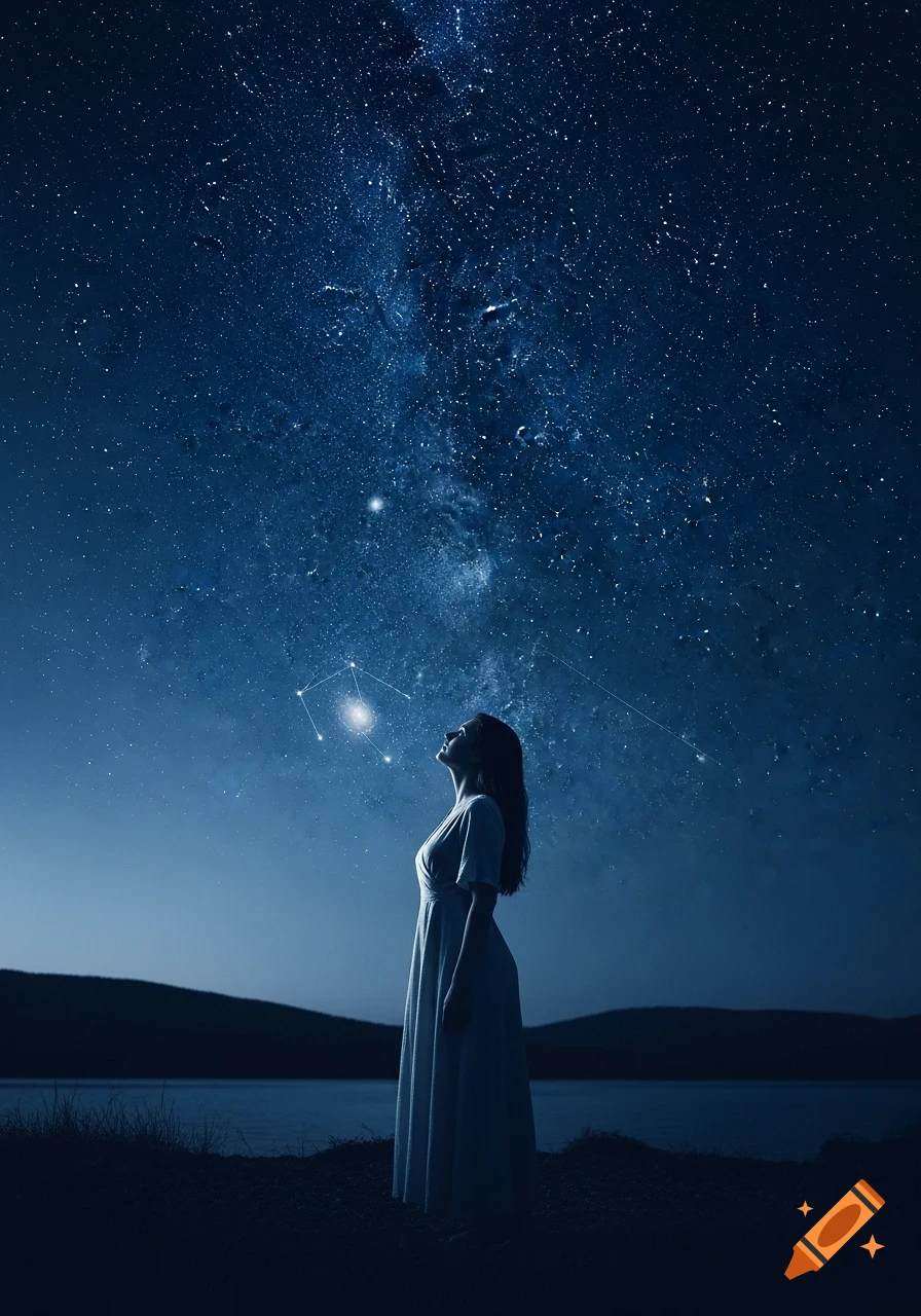 A woman in a long dress stands in silhouette against a vibrant, dark blue starry night sky, gazing up at the Milky Way and a constellation.