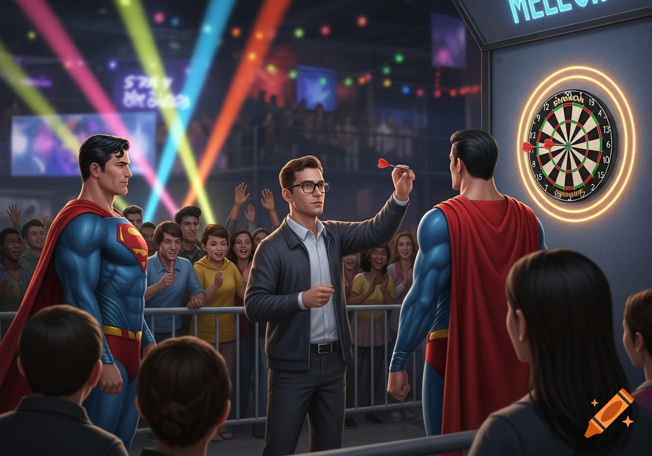 A man with glasses throws a dart at a dartboard while two Supermen stand nearby, observed by a cheering crowd in a brightly lit entertainment venue.