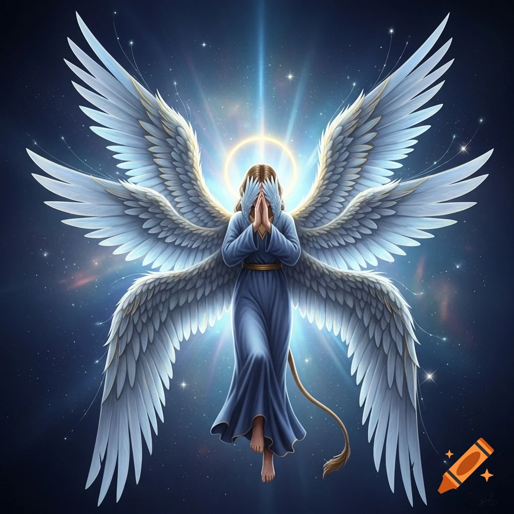 An angel with six large white wings, clad in a blue robe, hands clasped over its face, floats in a star-filled celestial void.