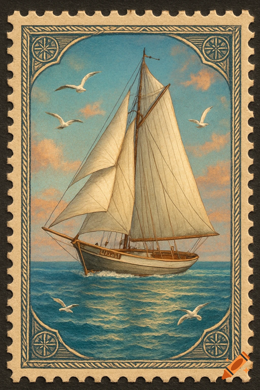 A detailed painting of a sailboat with white sails on the ocean, framed as a vintage postage stamp with decorative borders and flying seagulls.