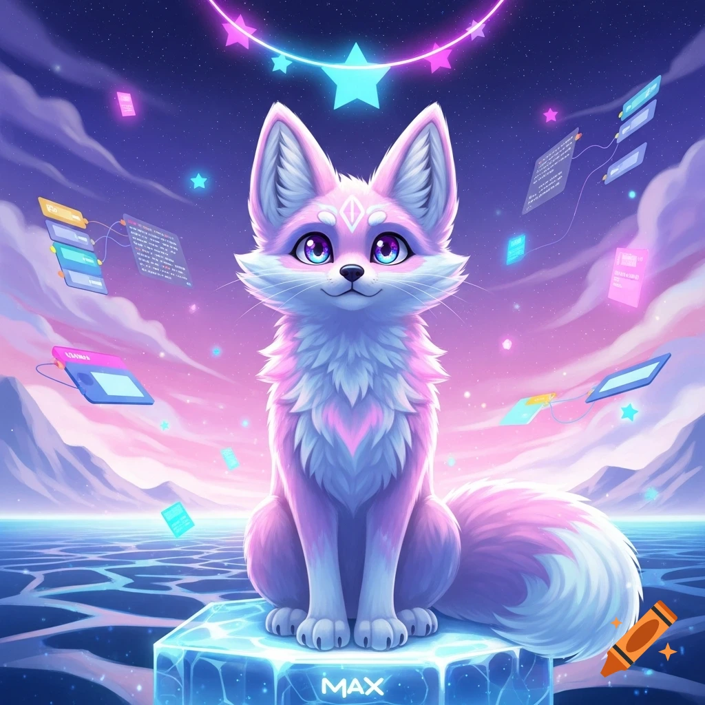 A stylized pink and white fox-like creature with large ears and blue eyes sits on a glowing blue ice block with "MAX" on it, in a vibrant neon fantasy landscape with floating screens and starry sky.