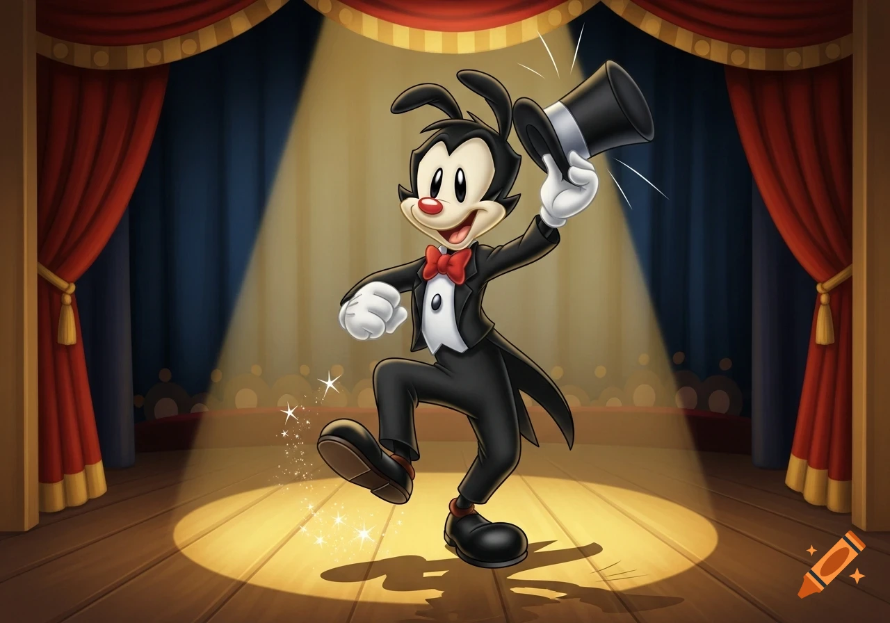 Yakko Warner from Animaniacs in a tuxedo and white gloves, tipping a top hat while dancing on a spotlighted stage.
