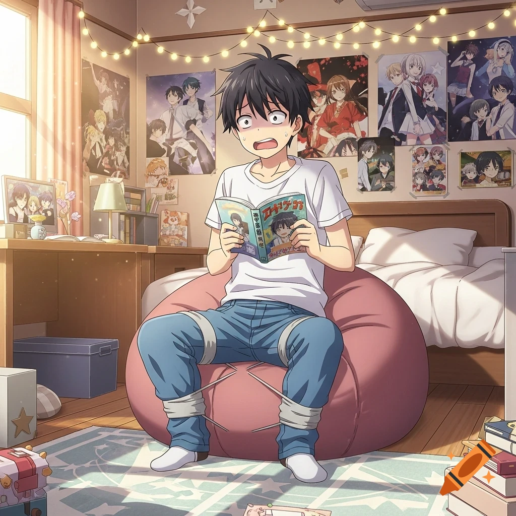 An anime guy with a surprised expression sits on a beanbag in his room, reading a book. His jeans appear cinched around his legs.
