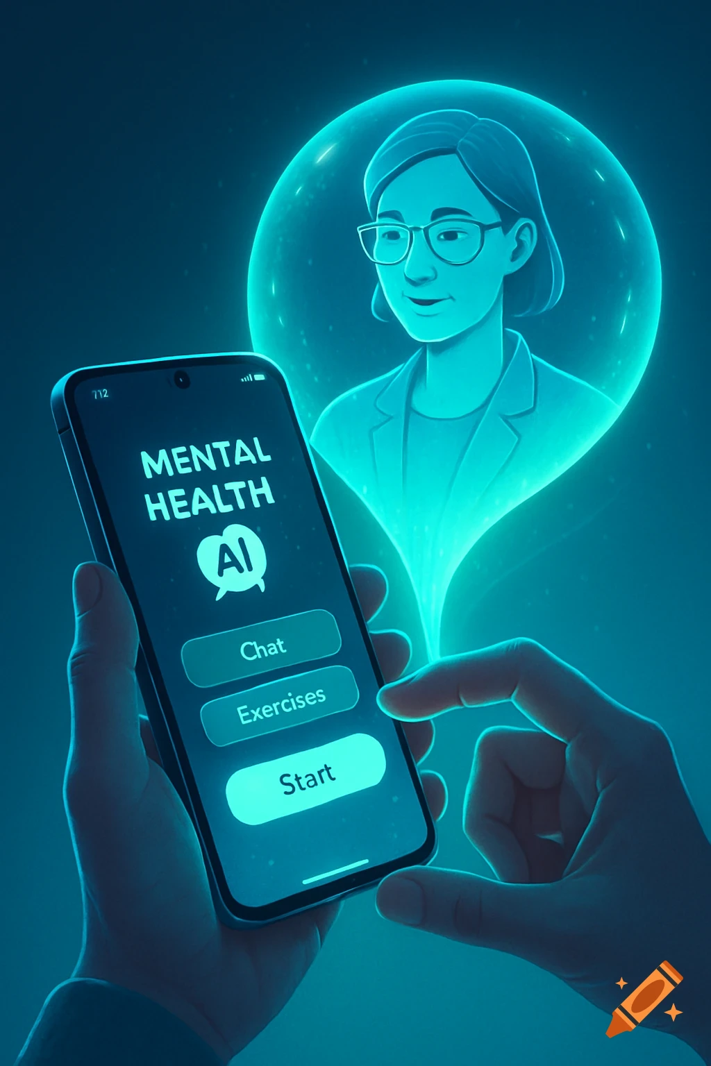 A hand holds a smartphone displaying a mental health AI app with 'MENTAL HEALTH AI' text, next to a glowing blue avatar of a therapist.