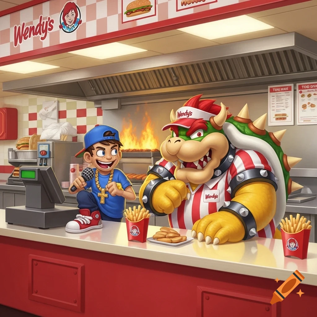 Boyfriend from FNF rapping at a Wendy's counter while Bowser, dressed in a Wendy's uniform, works behind the grill in a cartoon illustration.