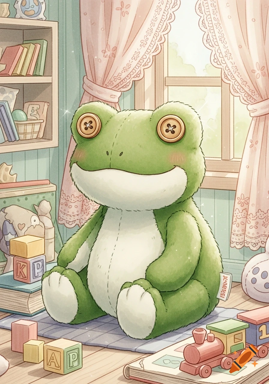 A large green frog plushie sits on a mat in a whimsical, pastel child's room, surrounded by building blocks, books, and a toy train.