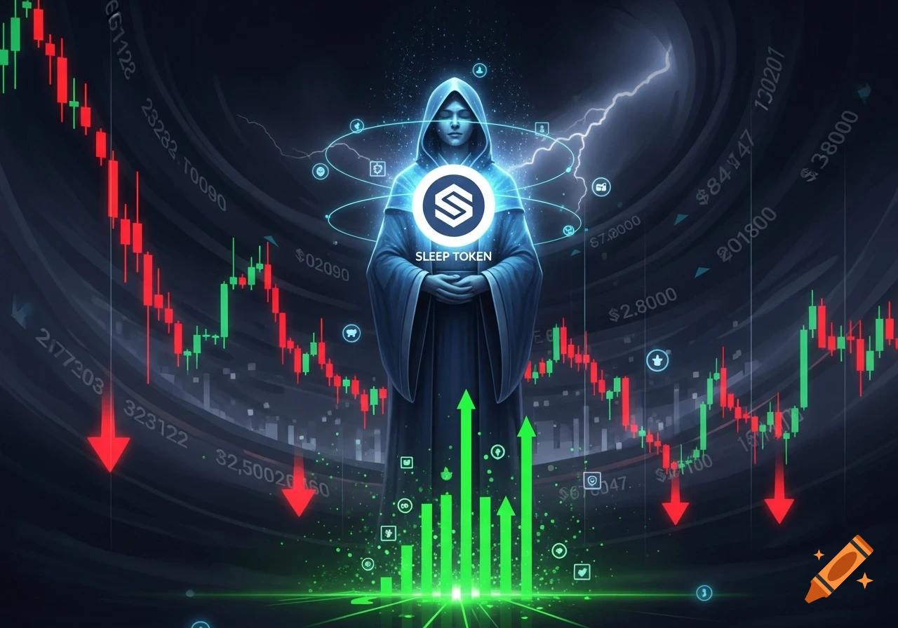 Hooded figure with a glowing 'SLEEP TOKEN' emblem, surrounded by crypto market charts with falling red and rising green trends.