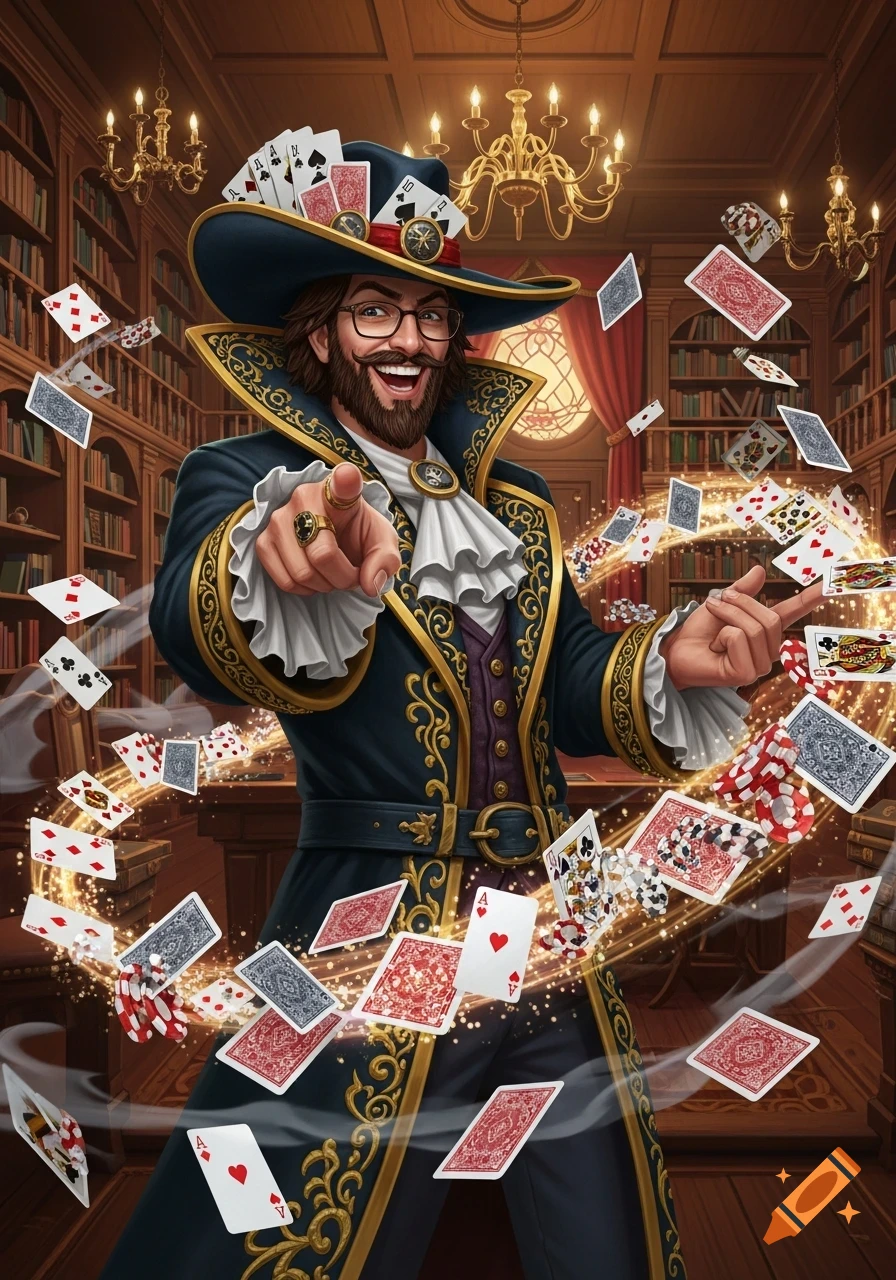 A smiling poker wizard in a library, wearing a flamboyant coat and hat adorned with playing cards, points forward as cards and casino chips float around him with a golden glow.