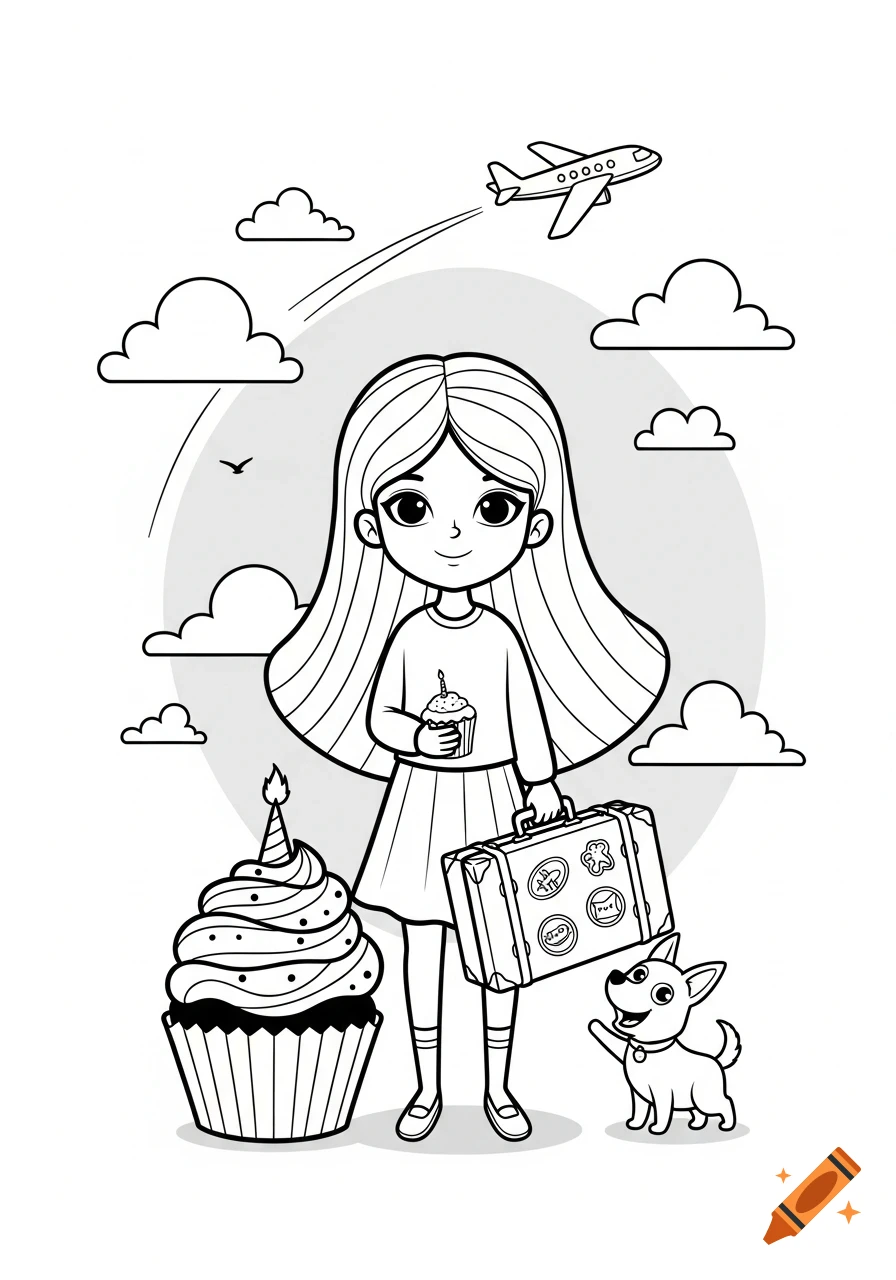 Black and white cartoon of a girl holding a cupcake and suitcase, with a dog and a plane flying above.