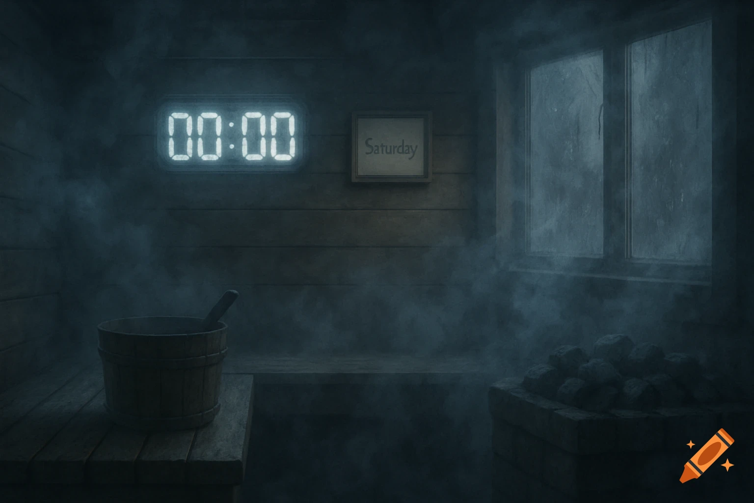 A steamy Finnish sauna interior with a digital clock showing 00:00, a framed 'Saturday' sign, a wooden bucket, and rocks.