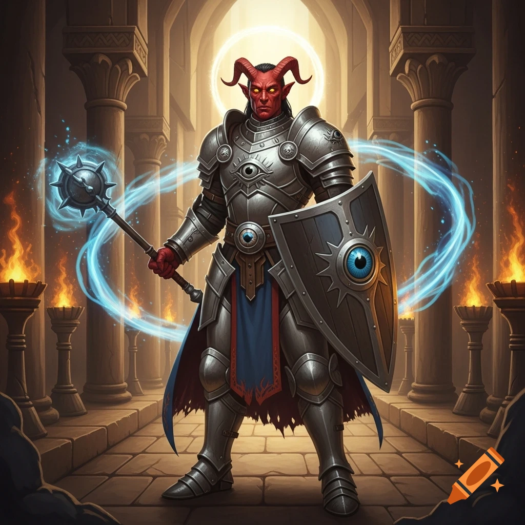 A red-skinned tiefling cleric in full plate armor stands holding a mace with glowing magic and a shield with an eye symbol, in a grand stone temple with torchlit pillars.