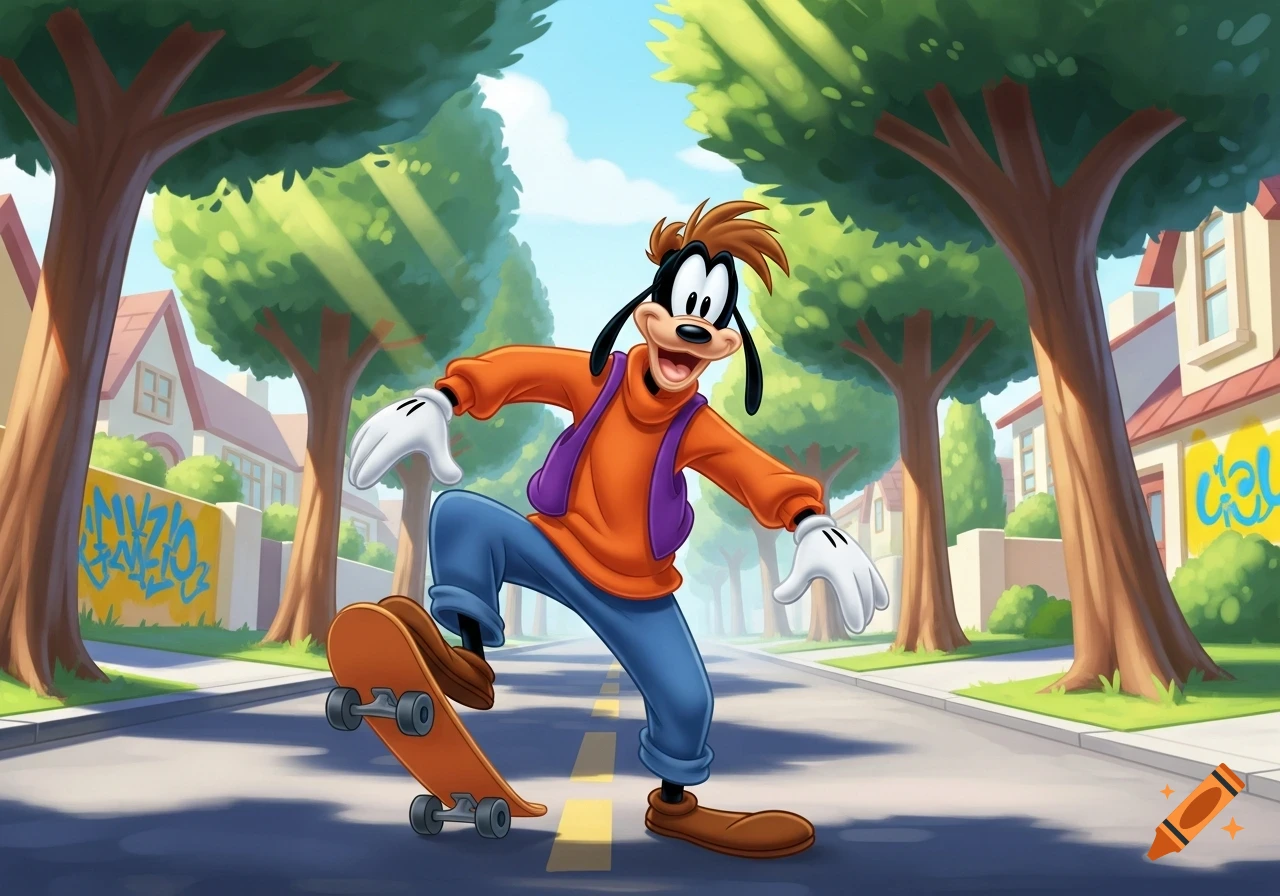 Cartoon character Max Goof skateboarding down a suburban street on a sunny day.