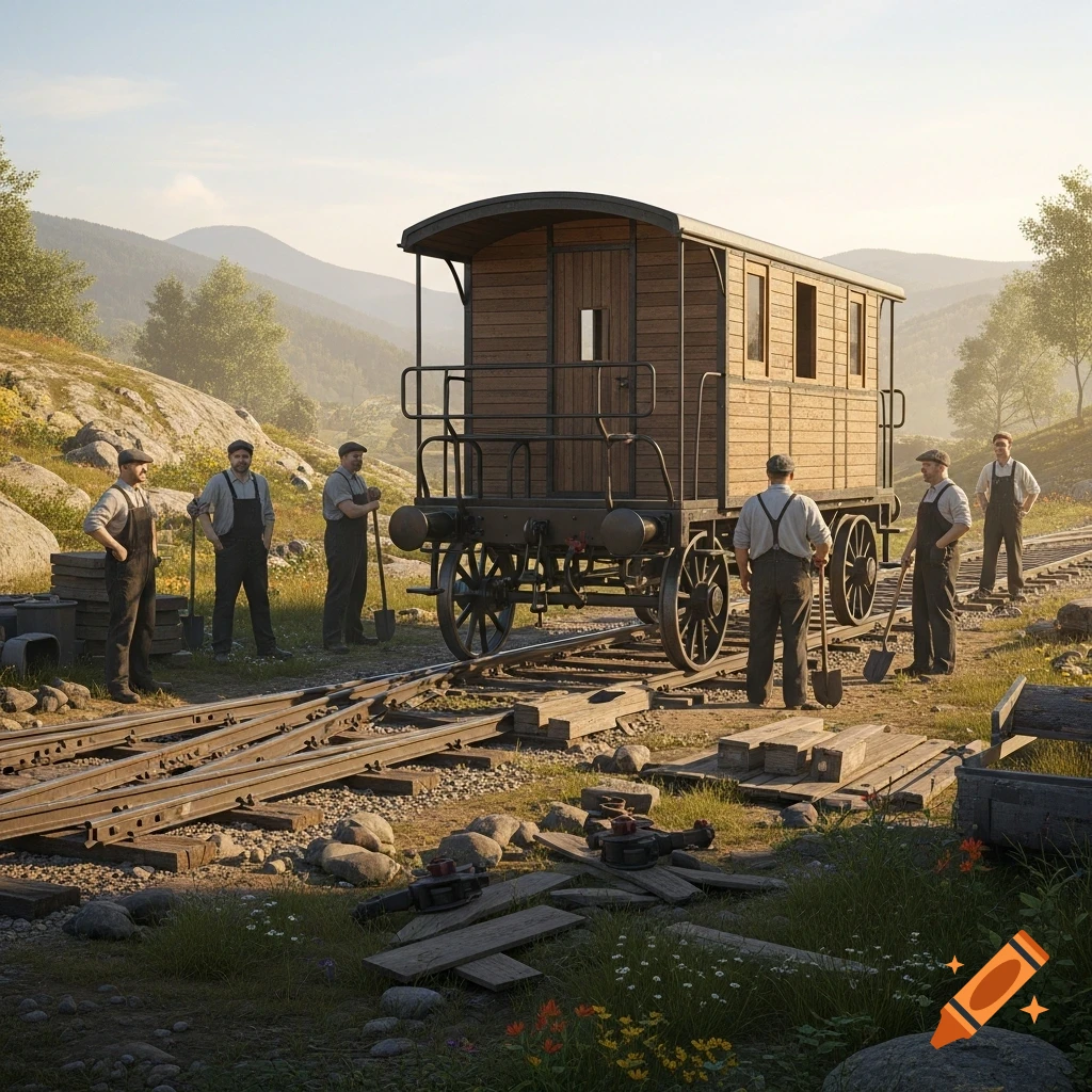 Photorealistic image of a wooden draisine on railway tracks, with men in work clothes and shovels in a hilly, green landscape.