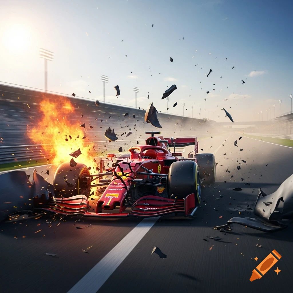A red Formula 1 race car crashes on a track, engulfed in flames with debris flying, under a bright sky.