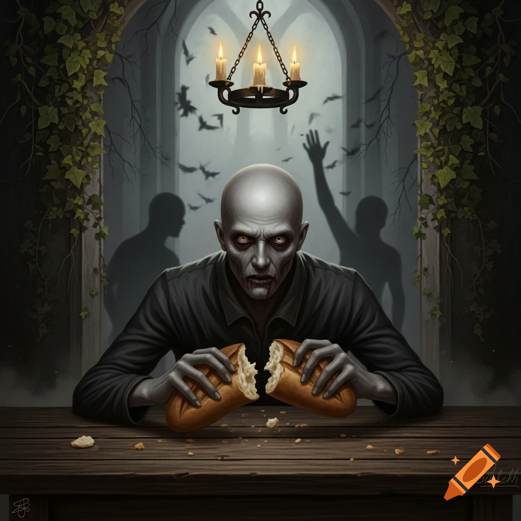 A bald, grey-skinned undead figure with fangs and blood around its mouth tears a loaf of bread at a wooden table in a gothic archway with bats and shadowy figures in the background.