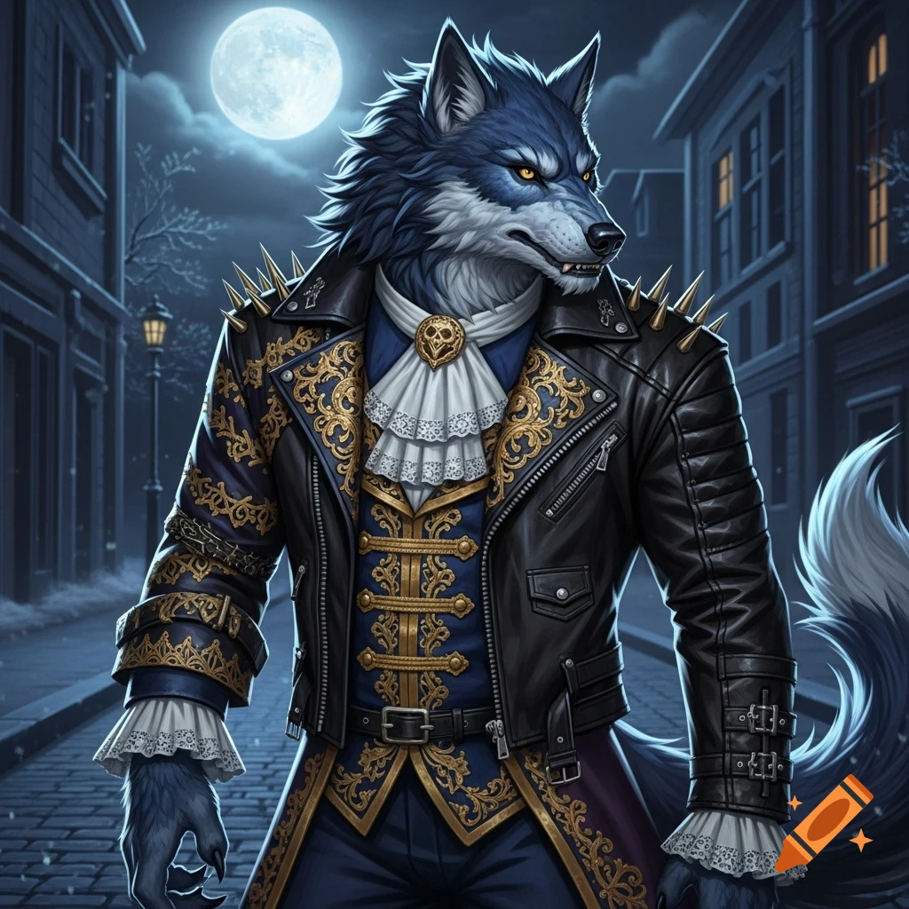 A stylized werewolf with blue-grey fur, yellow eyes, dressed in a baroque coat and spiked leather jacket, on a dark street under a full moon.