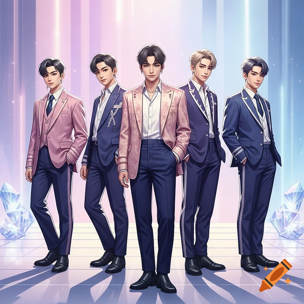 Five anime-style K-pop boy group members in elegant pink and blue suits pose on a shimmering stage with glowing crystals.
