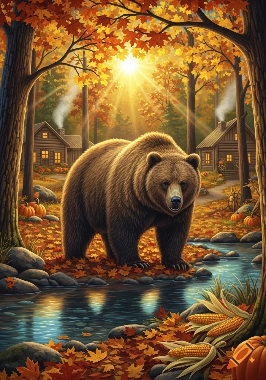 A majestic grizzly bear stands by a stream in a vibrant autumn forest with colorful leaves, pumpkins, and cozy cabins, under a radiant sun.