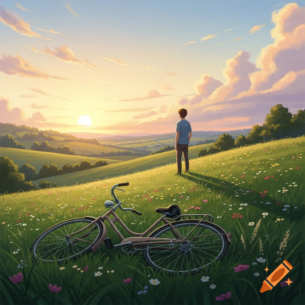 Anime style illustration of a person on a wildflower hill, looking at a sunset over rolling landscape with a bicycle nearby.