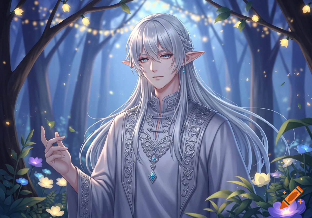An anime elf boy with long white hair and blue eyes wears an elegant white robe in a magical blue forest with glowing flowers.