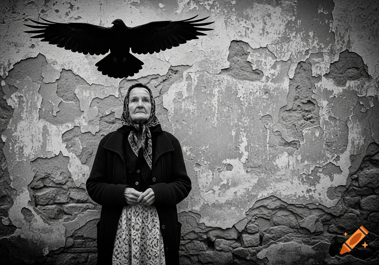 Black-and-white portrait of an elderly woman in a headscarf standing against a peeling wall, with a large bird shadow above.