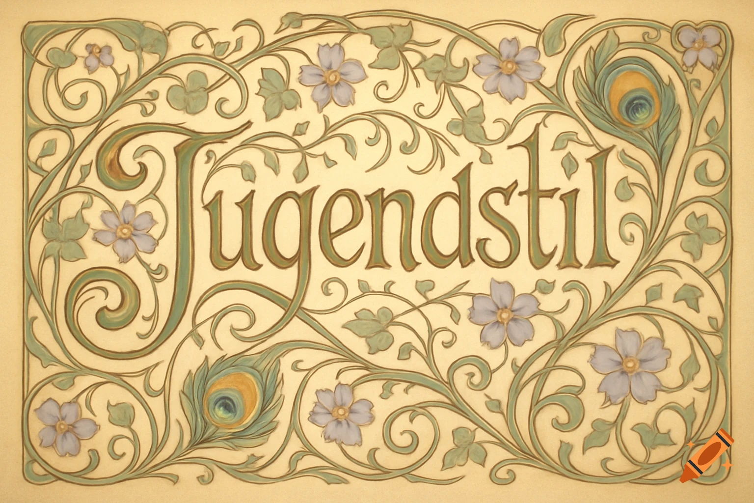 A stylized Art Nouveau illustration of the word 'Jugendstil' amidst intricate floral and peacock feather motifs.