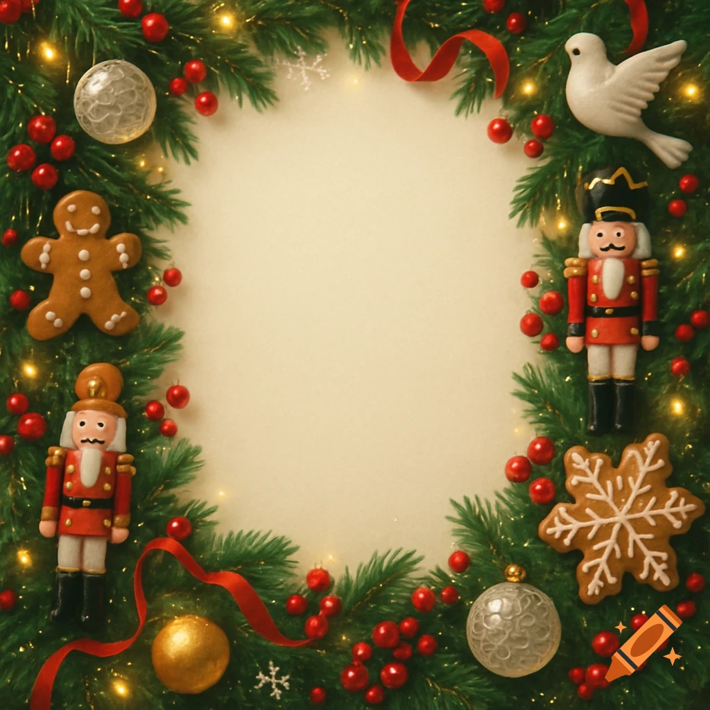 A festive Christmas frame with a blank center, adorned with pine branches, red berries, gingerbread figures, nutcrackers, ornaments, and twinkling lights.