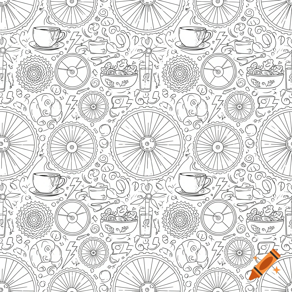 Seamless black and white line art pattern featuring cycling elements, coffee cups, a croissant, salad, and a windmill.