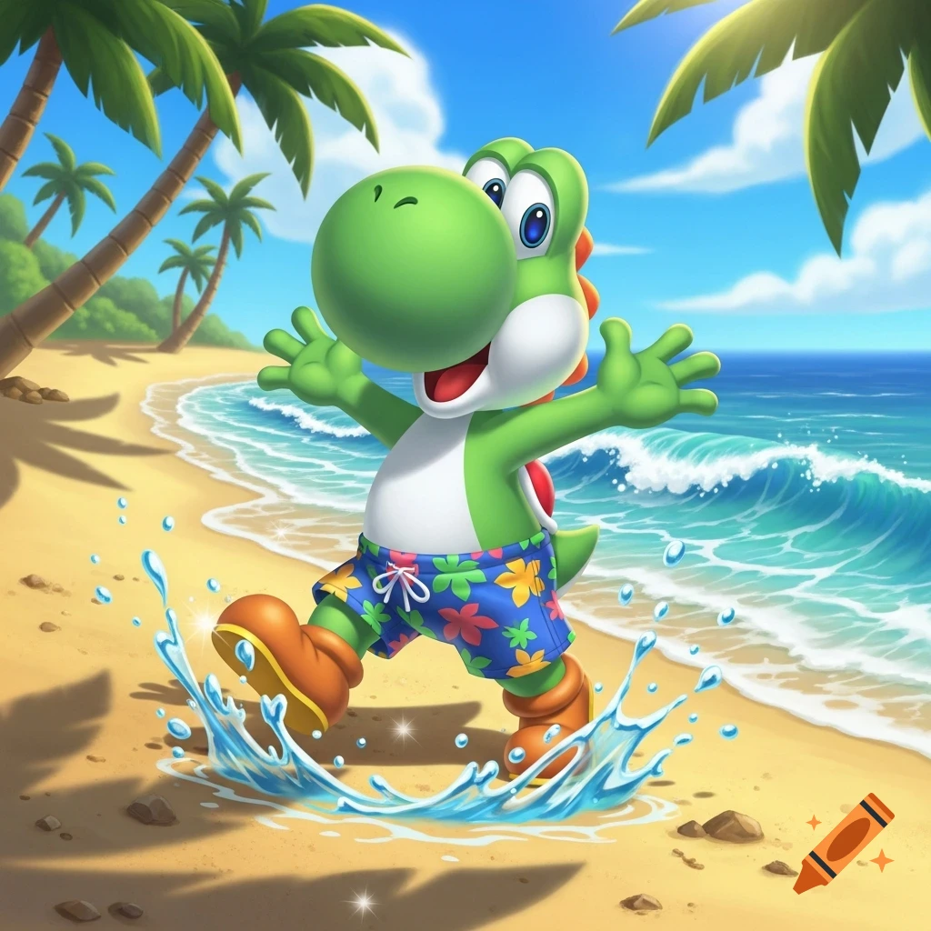 Cartoon Yoshi wearing floral swim trunks splashes in the ocean waves on a sunny beach with palm trees.