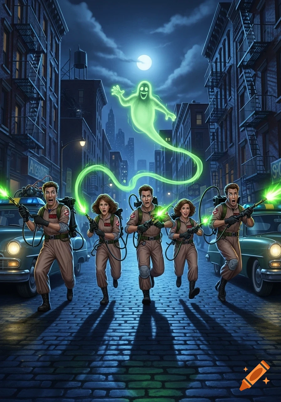 Five Ghostbusters, three men and two women, run down a cobblestone street at night, firing proton streams at a friendly green ghost floating above them. Vintage cars line the dark city street.