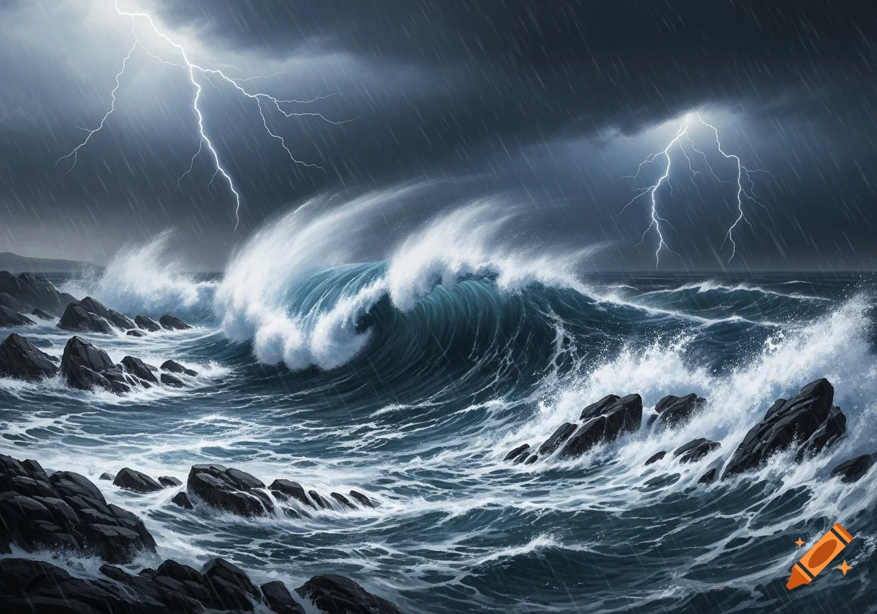 A dramatic stormy sea with large waves crashing on rocky shores under a dark, rainy sky with bright lightning strikes.