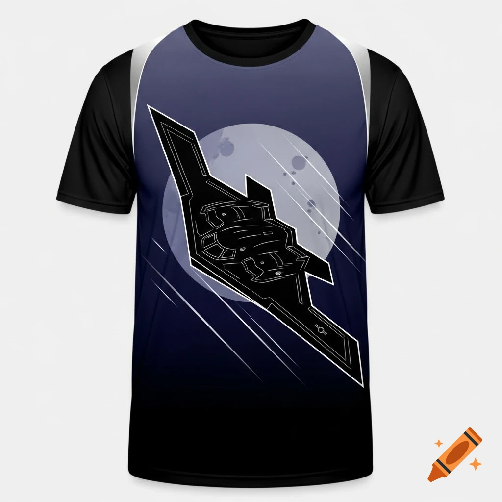 A black t-shirt with a stylized graphic of a B-2 Spirit stealth bomber flying in front of a full moon on a dark blue and black gradient background.