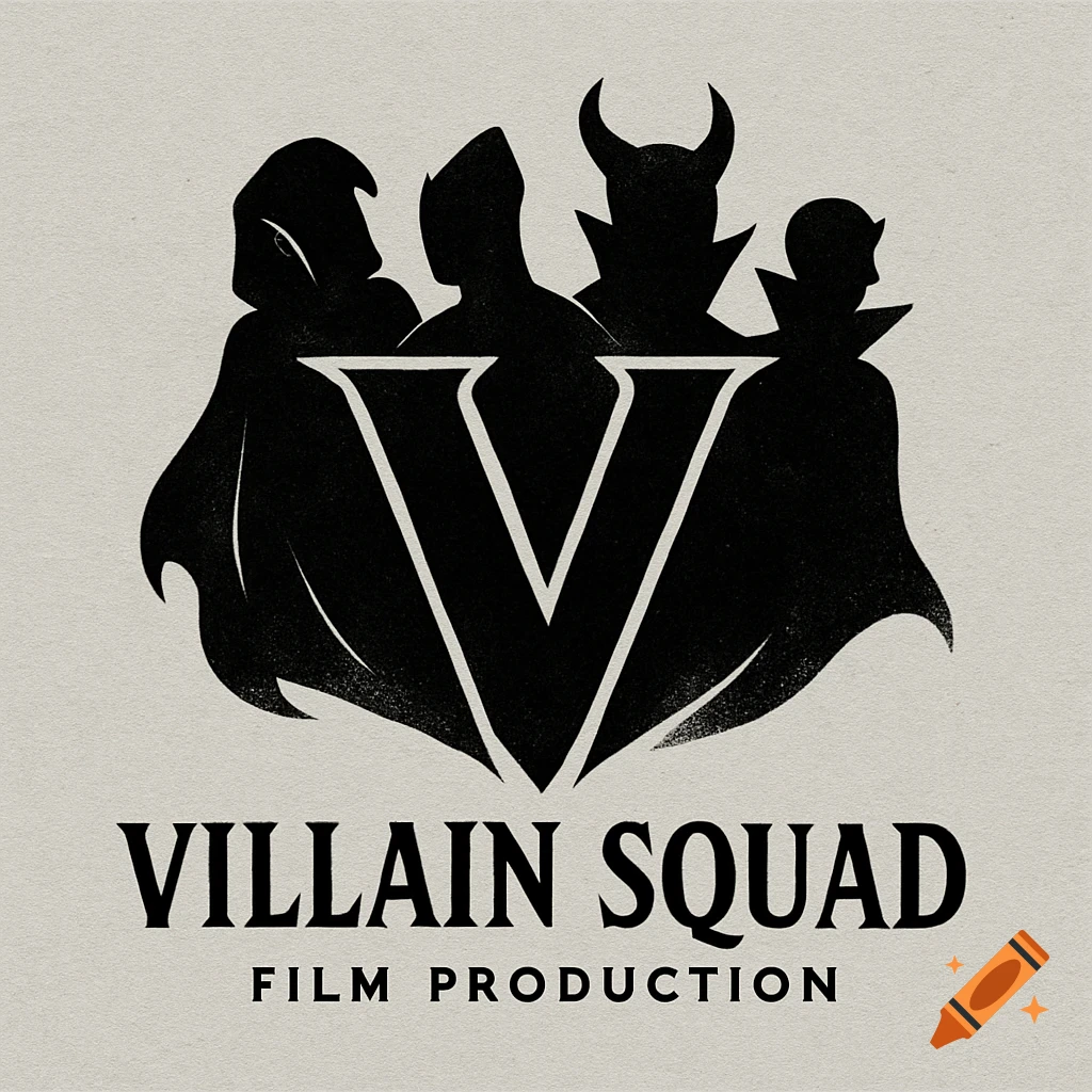 Black silhouette logo of four cloaked figures, one with horns, behind a large 'V', with 'VILLAIN SQUAD FILM PRODUCTION' text on a light background.