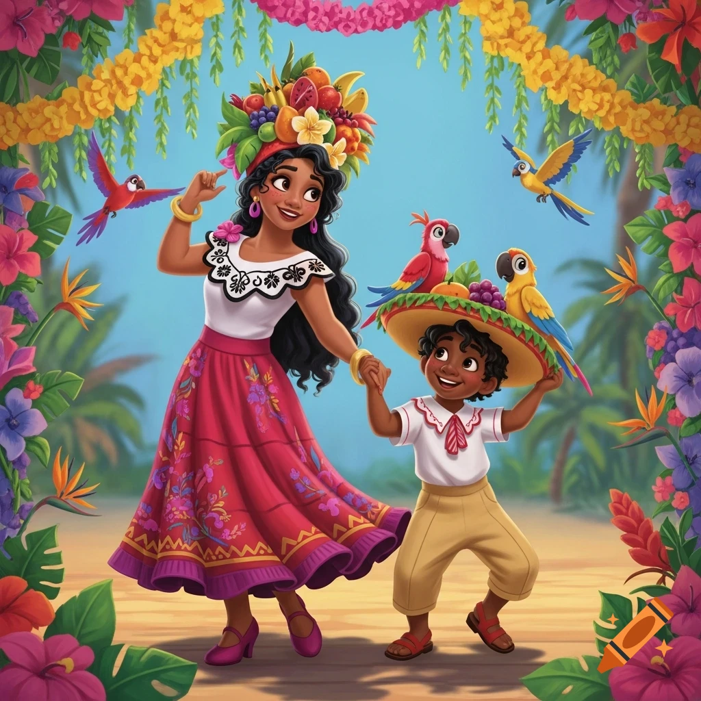 A vibrant illustration of a woman in a fruit hat and a child in a sombrero, holding hands and dancing among tropical flowers and birds.