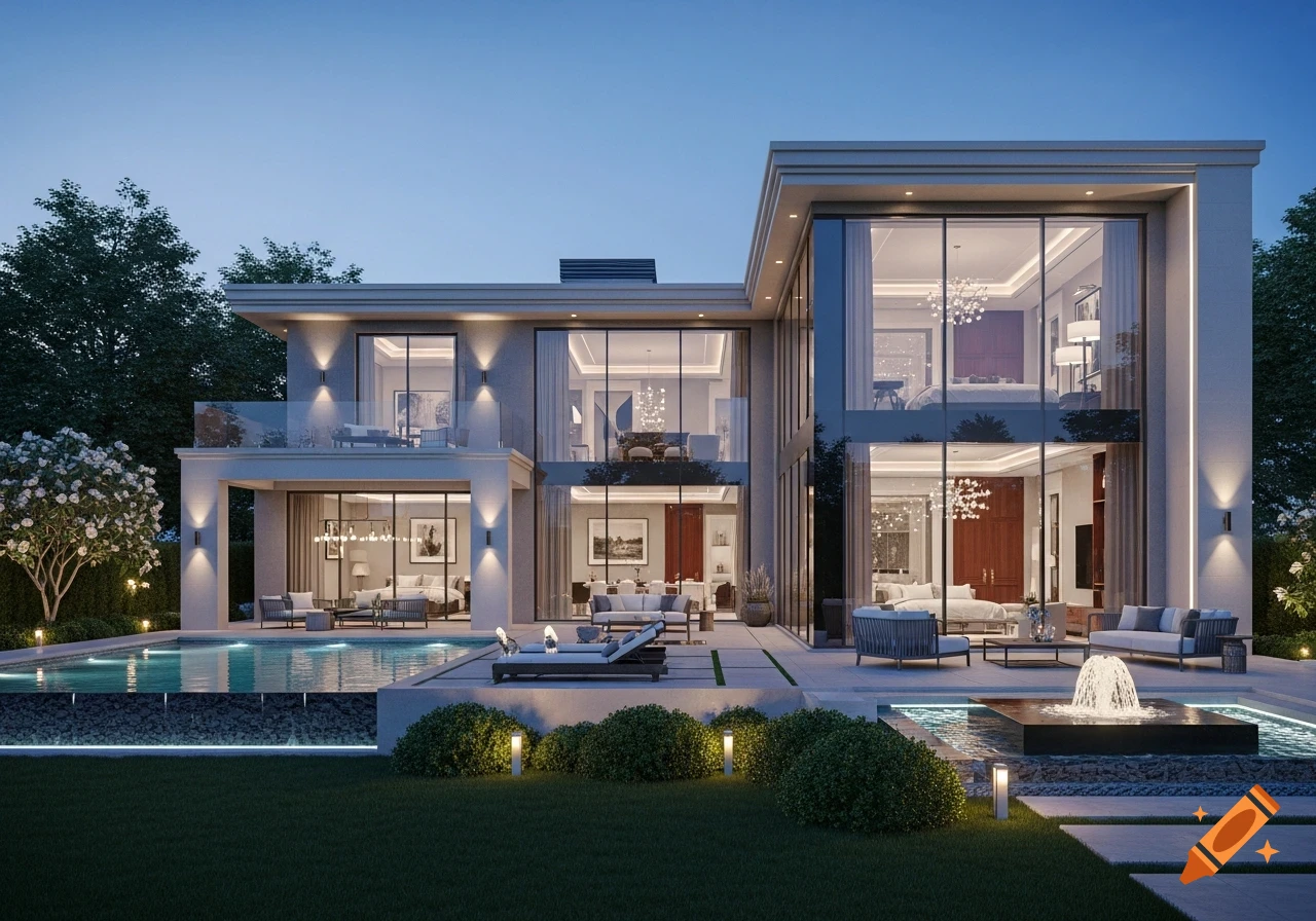 A photorealistic rendering of a luxurious modern house with multiple windows, a swimming pool, and outdoor lighting, illuminated at dusk.