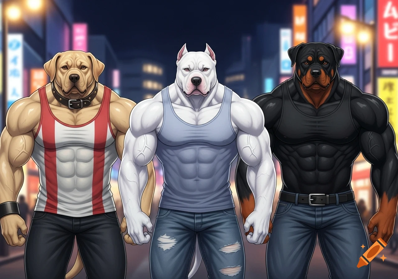 Anime-inspired illustration of three muscular anthropomorphic dogs (Labrador, Pitbull, Rottweiler) in tank tops and jeans posing on a city street.