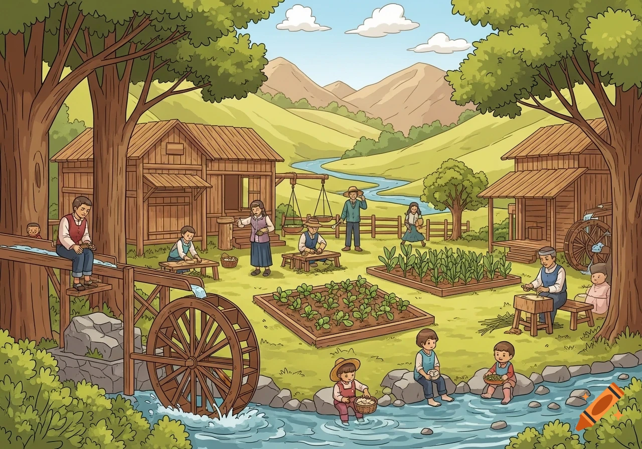 A vibrant illustration of a rural community. People farm in raised garden beds, operate a water wheel, and gather by a river with wooden houses and mountains in the background.