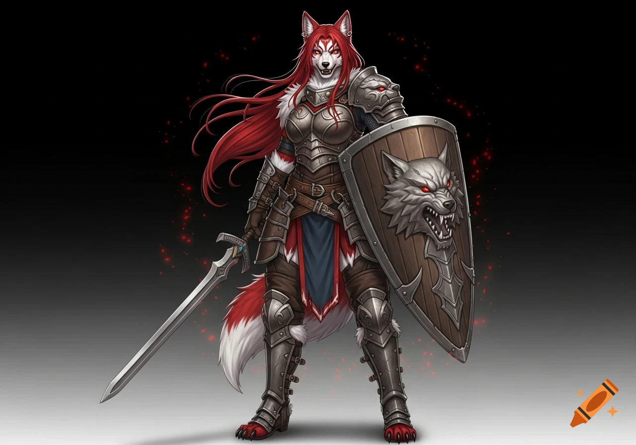 A red-furred wolf woman in silver armor, with long red hair, holding a sword and a wolf-head shield on a dark background.