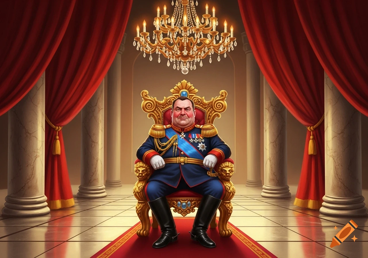 An illustrated fat man in a blue royal uniform with medals sits on a golden throne in a grand room with red curtains and a chandelier.