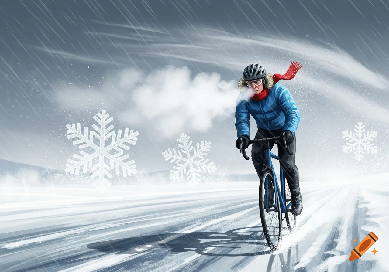 A determined cyclist in a blue jacket and red scarf rides a bicycle on a snowy, icy road while it's raining, exhaling visible breath in the cold.