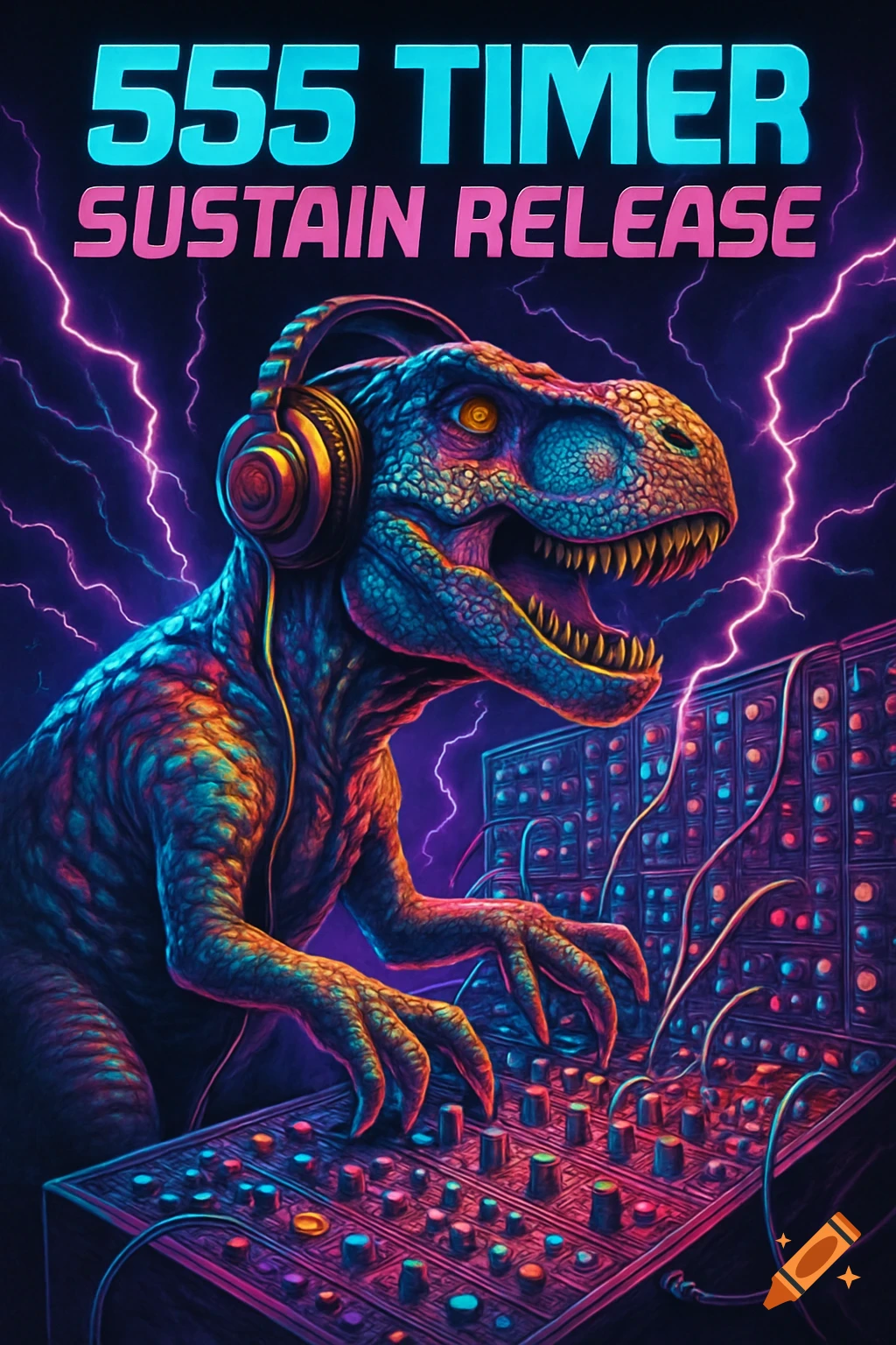 A neon-colored dinosaur with headphones plays a modular synthesizer under a sky with lightning, with the text '555 TIMER SUSTAIN RELEASE'.