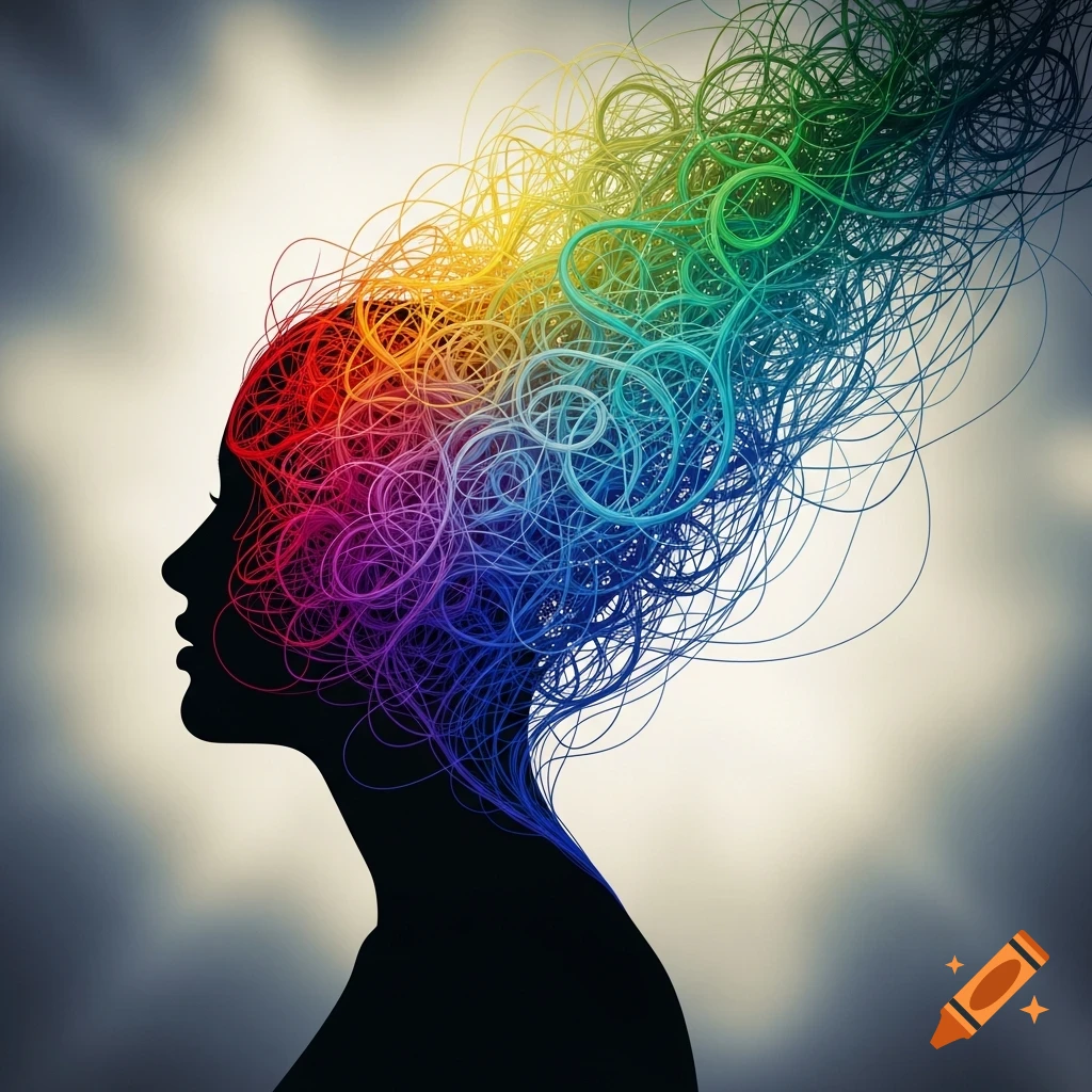 Silhouette of a human head in profile with brightly colored, tangled lines forming hair against a faded background.