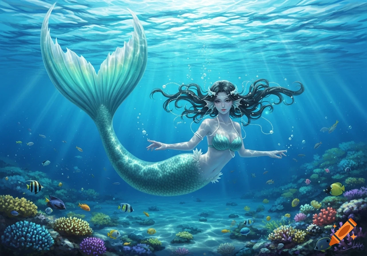 A beautiful mermaid with dark hair and a teal tail swims gracefully in a vibrant coral reef, with schools of colorful fish.
