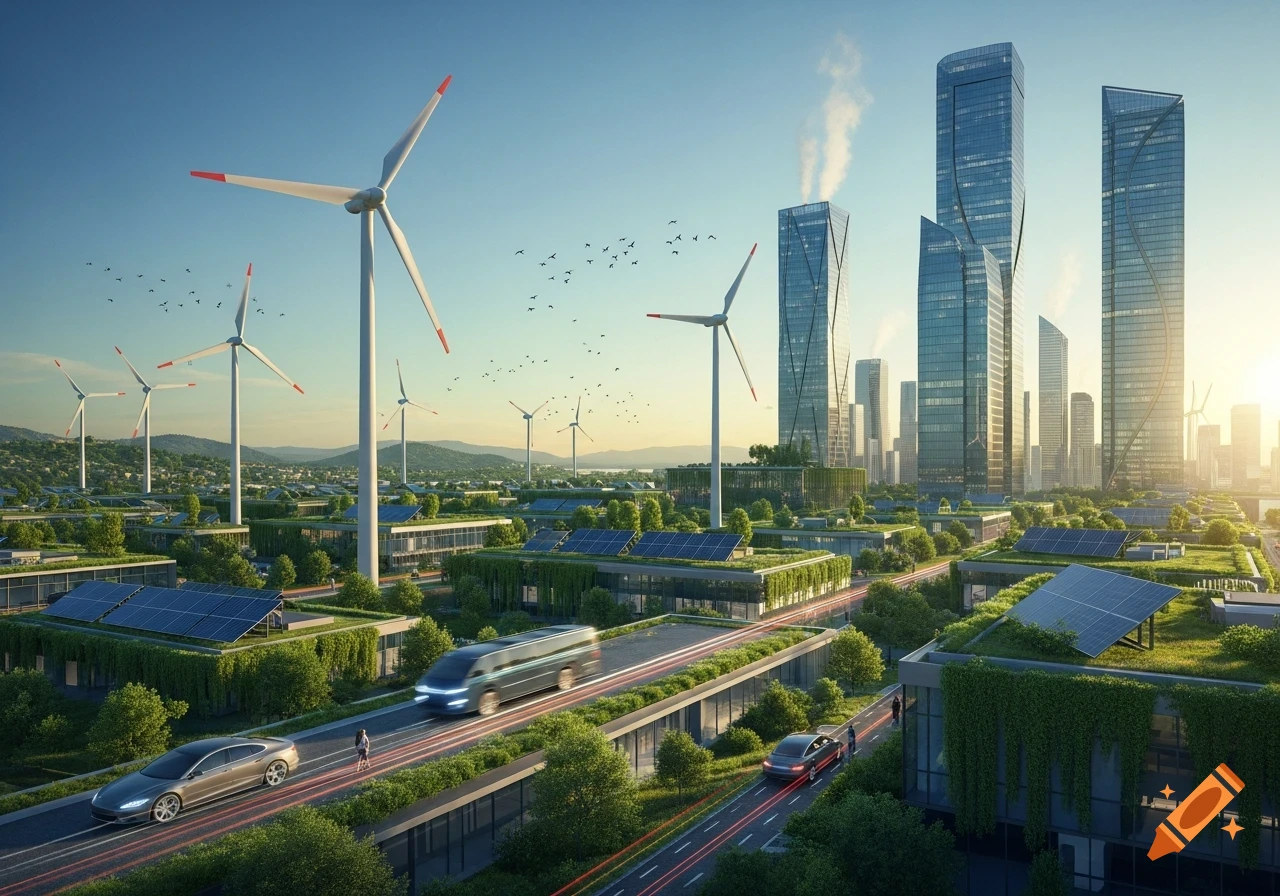 A modern, green city skyline with tall skyscrapers, wind turbines, solar panels on buildings, and lush greenery.